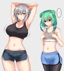 Rule 34 | ..., 2girls, armpits, arms up, bare arms, bare shoulders, black legwear, blue shorts, blush, breast envy, breasts, cleavage, commentary request, cowboy shot, crop top, dolphin shorts, double bun, female focus, flat chest, green eyes, green hair, grey background, grey hair, groin, hair between eyes, hair bun, highres, hololive, large breasts, pantyhose under shorts, looking at viewer, midriff, multiple girls, navel, pantyhose, parted lips, shirogane noel, short hair, short shorts, shorts, simple background, speech bubble, sports bra, standing, stomach, thighs, uruha rushia, virtual youtuber, watarase piro