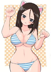 Rule 34 | 1girl, animal ears, arms up, bikini, black hair, blue bikini, blue eyes, blush, breasts, cat ears, commentary request, cowboy shot, fake animal ears, girls und panzer, gluteal fold, head tilt, highres, large breasts, light frown, long hair, looking at viewer, navel, nonna (girls und panzer), orange background, outside border, parted lips, paw pose, polka dot, polka dot background, solo, standing, string bikini, swept bangs, swimsuit, thigh gap, yabai gorilla