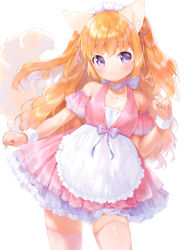 Rule 34 | 1girl, :3, animal ear fluff, animal ears, apron, bare shoulders, blush, bow, breasts, cat ears, cat girl, cat tail, choker, clenched hands, commentary request, detached sleeves, dress, frilled dress, frilled hairband, frills, hairband, highres, long hair, looking at viewer, maid, mutou mato, orange hair, original, pink dress, pink thighhighs, purple eyes, ribbon choker, simple background, skindentation, small breasts, smile, solo, tail, thighhighs, waist bow, white background, wrist cuffs