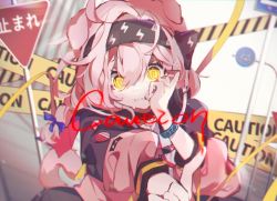Rule 34 | 1girl, @ @, ahoge, animal ears, arknights, black hairband, blood, blood writing, blue bow, bow, bracelet, braid, cat ears, clenched teeth, english text, goldenglow (arknights), hair between eyes, hair bow, hairband, hand on own face, infection monitor (arknights), jacket, jewelry, lightning bolt print, long hair, long sleeves, looking at viewer, open clothes, open jacket, outstretched arm, parted lips, pink hair, pink jacket, road sign, sen (5710265), side braid, sign, solo, sweat, teeth, upper body, yellow eyes
