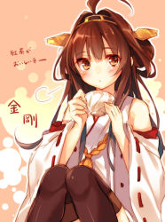 Rule 34 | 10s, 1girl, ahoge, bare shoulders, blush, boots, brown hair, cup, detached sleeves, double bun, hair ornament, hairband, headgear, japanese clothes, kantai collection, kongou (kancolle), long hair, looking at viewer, nontraditional miko, personification, sitting, skirt, solo, teacup, thigh boots, thighhighs, toosaka asagi, translation request