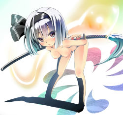 Rule 34 | 1girl, :o, arms behind back, bent over, blue eyes, breasts, female focus, hair ribbon, hairband, highres, konpaku youmu, konpaku youmu (ghost), leaning forward, looking at viewer, nipples, nude, ribbon, scabbard, sheath, sheathed, short hair, silver hair, small breasts, solo, sword, touhou, unomi, weapon