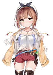 Rule 34 | 1girl, :o, absurdres, atelier (series), atelier ryza, atelier ryza 1, bad id, bad pixiv id, belt, belt buckle, beret, black ribbon, blue belt, blush, breasts, brown belt, brown eyes, brown hair, brown jacket, buckle, commentary request, drawstring, flask, fuyuki030, hat, highres, jacket, jewelry, looking at viewer, medium breasts, navel, necklace, open clothes, open jacket, parted lips, red shorts, reisalin stout, ribbon, round-bottom flask, shirt, short shorts, short sleeves, shorts, simple background, sleeveless, sleeveless jacket, solo, star (symbol), star necklace, thighhighs, vial, white background, white hat, white shirt, white thighhighs