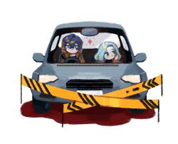 Rule 34 | 1boy, 1girl, bamtoast, black shirt, blood, blue eyes, blue hair, brown jacket, car, commentary request, driving, enomoto noa, hand on own cheek, hand on own face, highres, jacket, korean commentary, long sleeves, motor vehicle, no mouth, open clothes, open jacket, pool of blood, red shirt, road, saibou shinkyoku, shirt, short hair, traffic barrier, utsugi noriyuki