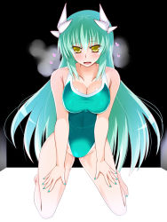 Rule 34 | 1girl, :d, aqua nails, aqua one-piece swimsuit, aqua swimsuit, bare arms, bare legs, barefoot, blush, breasts, cleavage, collarbone, competition swimsuit, engo (aquawatery), fate/grand order, fate (series), floating hair, green hair, hair between eyes, highleg, highleg swimsuit, highres, horns, kiyohime (fate), large breasts, long hair, looking at viewer, nail polish, one-piece swimsuit, open mouth, smile, solo, swimsuit, toenail polish, toenails, very long hair, yellow eyes