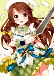 Rule 34 | 1girl, alternate costume, apron, blue bow, bow, braid, breasts, brown eyes, brown hair, cleavage, cowboy shot, detached sleeves, feathers, gradient background, green background, hair bow, highres, holding, holding sword, holding weapon, kin-iro mosaic, long hair, looking at viewer, matsubara honoka, open mouth, petticoat, plaid, ruu (tksymkw), short sleeves, side braid, single braid, smile, solo, standing, sword, weapon, white apron, white feathers, white headwear, wrist cuffs, yellow bow