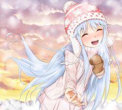 Rule 34 | 1girl, alternate hair color, blue hair, blush, brown mittens, christmas ornaments, closed eyes, cloud, cloudy sky, commentary request, hand up, happy, hat, index (toaru majutsu no index), light blue hair, long hair, long sleeves, miniskirt, mittens, open mouth, orange sky, outdoors, outstretched arm, pink hat, pleated skirt, reaching, reaching towards viewer, shin (highest1192), sidelocks, single mitten, skirt, sky, snow, snowflake print, solo, teeth, toaru majutsu no index, tongue, upper body, upper teeth only, very long hair, winter, winter clothes