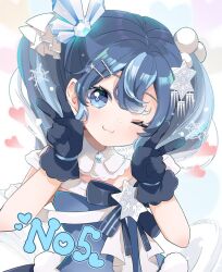 Rule 34 | 1girl, :3, beads, blue dress, blue eyes, blue gloves, blue hair, blue ribbon, collar, commentary, crystal hair ornament, dark blue hair, detached collar, double v, dress, gem, gloves, hair beads, hair ornament, hair ribbon, hatsune miku, heart, heart background, icicle, light blush, long hair, looking at viewer, narushima (sugar star), one eye closed, ribbon, smile, snowflake hair ornament, snowflake ornament, solo, sparkle, twintails, upper body, v, vocaloid, white collar, white ribbon, yuki miku, yuki miku (2025) (candidate no.5)