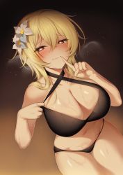 Rule 34 | 1girl, absurdres, bare arms, bare shoulders, bikini, black background, black bikini, blonde hair, blush, breasts, brown background, cleavage, commentary request, cowboy shot, criss-cross halter, flower, genshin impact, gradient background, hair between eyes, hair flower, hair ornament, halterneck, heart, heart-shaped pupils, highres, ia (ias1010), long hair, lumine (genshin impact), navel, nose blush, solo, standing, stomach, swimsuit, symbol-shaped pupils, thighs, white flower