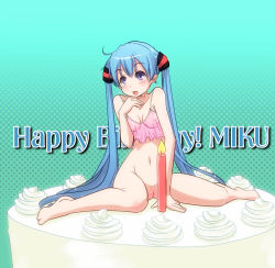 Rule 34 | 1girl, blue eyes, blue hair, bottomless, candle, character name, food, happy birthday, hatsune miku, in food, kuroku, long hair, matching hair/eyes, mini person, minigirl, open mouth, pussy, see-through, sitting, solo, twintails, uncensored, very long hair, vocaloid, wariza