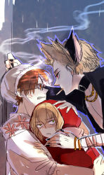 Rule 34 | 1girl, 2boys, against wall, ahoge, alternate costume, alternate eye color, anger vein, angry, animal ears, axis powers hetalia, belgium (hetalia), blonde hair, bonnet, bracelet, brother and sister, brown eyes, brown hair, cigarette, clenched teeth, collar, cosplay, expressionless, eye contact, fang, fingernails, flower, green eyes, hand in own hair, hand on shoulder, hood, jewelry, kkkkilth, leaning, leaning forward, little red riding hood, little red riding hood (grimm), little red riding hood (grimm) (cosplay), looking at another, multiple boys, nail polish, necklace, netherlands (hetalia), open mouth, outline, poncho, red eyes, shaded face, short hair, siblings, sketch, smoke, smoking, southern italy (hetalia), teeth, wall, wavy hair, wolf ears
