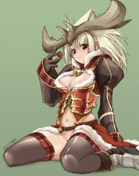 Rule 34 | 1girl, breasts, capcom, christmas, cleavage, large breasts, monster hunter (series), no panties, simple background, solo, thighhighs, thomasz, uniform
