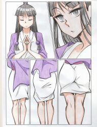 Rule 34 | 1girl, absurdres, ace attorney, ass, ass expansion, aya yanagisawa, black hair, coat, collaboration, colored pencil (medium), commentary, commission, english commentary, grey eyes, half updo, highres, japanese clothes, kimono, maya fey, mia fey, mixed media, no pupils, own hands together, parted lips, purple coat, second-party source, sidelocks, traditional media, transformation, white kimono, yukiko-sakurey