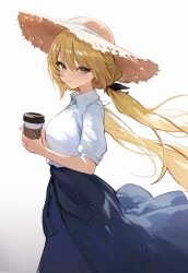 Rule 34 | 1girl, blonde hair, blush, breasts, closed mouth, cup, dokibird (vtuber), dress, earrings, green eyes, hair ribbon, hat, highres, holding, holding cup, indie virtual youtuber, jewelry, koahri, long hair, looking at viewer, medium breasts, ribbon, shirt, simple background, skirt, solo, standing, sun hat, virtual youtuber, white background, white shirt
