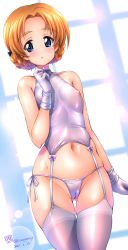 Rule 34 | 1girl, blue eyes, braid, breasts, cameltoe, cleft of venus, covered erect nipples, garter straps, girls und panzer, gloves, gluteal fold, highres, kamogawa tanuki, looking at viewer, navel, orange hair, orange pekoe (girls und panzer), panties, parted bangs, revealing clothes, shiny skin, short hair, skindentation, small breasts, solo, standing, thighhighs, twin braids, underwear, white gloves, white panties, white thighhighs