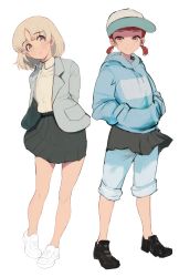 Rule 34 | 10s, 2girls, absurdres, aki (girls und panzer), alternate hairstyle, arms behind back, baseball cap, black footwear, black skirt, blazer, blue jacket, blunt bangs, casual, collared shirt, cross-laced footwear, girls und panzer, green eyes, grin, hair down, hands in pockets, hat, head tilt, highres, hood, hoodie, jacket, light brown hair, looking at viewer, mikko (girls und panzer), miniskirt, mityubi, multiple girls, nike (company), no legwear, open clothes, open jacket, pants, pants rolled up, pants under skirt, parted lips, pleated skirt, red eyes, red hair, shirt, shoes, short hair, short twintails, simple background, skirt, smile, sneakers, standing, twintails, white background, white footwear, white hat, white shirt