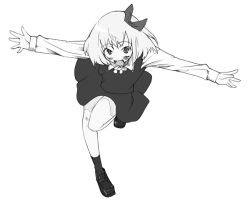 Rule 34 | 1girl, :d, blush, bow, embodiment of scarlet devil, fang, female focus, full body, gengorou, greyscale, hair bow, hair ribbon, leaning forward, loafers, monochrome, open mouth, outstretched arms, ribbon, rumia, shoes, short hair, simple background, smile, solo, spread arms, standing, standing on one leg, touhou