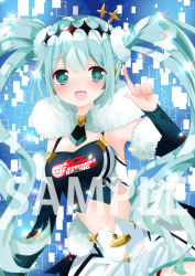 Rule 34 | 1girl, :d, aqua hair, blush, breasts, crop top, detached sleeves, fur-trimmed sleeves, fur collar, fur trim, green eyes, hair between eyes, hair ornament, hand up, hatsune miku, index finger raised, long hair, long sleeves, medium breasts, midriff, nanase nao, navel, open mouth, racing miku, sample watermark, skirt, smile, solo, twintails, very long hair, vocaloid, watermark, white skirt