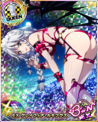 Rule 34 | 1girl, ass, bent over, blue bow, bow, braid, breasts, card (medium), chess piece, cleavage, female focus, full moon, grayfia lucifuge, grey eyes, grey hair, hair bow, high school dxd, large breasts, long hair, looking at viewer, maid headdress, matching hair/eyes, mature female, moon, official art, queen (chess), red lips, smile, solo, thong, torn clothes, twin braids, underboob