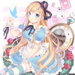 Rule 34 | 1girl, alice (alice in wonderland), alice in wonderland, between legs, blonde hair, blue eyes, bow, bug, butterfly, butterfly on hand, card, colorized, derivative work, flower, frilled skirt, frills, gears, hair bow, hair ornament, hair ribbon, hairband, hand between legs, insect, irone (miyamiya38), light smile, long hair, looking at viewer, masaru.jp, original, playing card, pocket watch, ribbon, rose, sitting, skirt, smile, solo, sparkle, striped clothes, striped thighhighs, thighhighs, very long hair, watch, wrist cuffs, zettai ryouiki