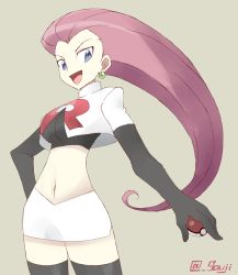 Rule 34 | 1girl, bad id, bad twitter id, big hair, black gloves, black thighhighs, blue eyes, blue hair, boots, breasts, creatures (company), crop top, earrings, elbow gloves, game freak, gloves, hair slicked back, halterneck, high collar, holding, holding poke ball, jacket, jessie (pokemon), jewelry, long hair, matching hair/eyes, midriff, miniskirt, navel, nintendo, official style, open mouth, poke ball, pokemon, pokemon (anime), purple hair, red hair, shigino sohuzi, signature, simple background, skirt, solo, team rocket, thigh boots, thighhighs, twitter username, uniform, zettai ryouiki