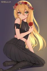 Rule 34 | 1girl, artist name, bare arms, bare shoulders, black pantyhose, black shirt, black skirt, blonde hair, blush, closed mouth, commentary, commission, crescent, crescent necklace, crop top, flower, green eyes, hair between eyes, hand up, highres, jewelry, long hair, long skirt, looking at viewer, midriff, necklace, no shoes, original, pantyhose, pink flower, pink rose, pleated skirt, red flower, red rose, rose, shellvi, shirt, sitting, skirt, smile, solo, two-tone background, yokozuwari