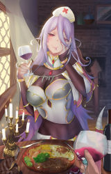 Rule 34 | 1girl, absurdres, alcohol, bad id, bad pixiv id, bottle, breasts, bridal gauntlets, candle, cleavage, cup, fantasy, food, forked tongue, hair between eyes, hand on own face, hat, highres, holding, holding cup, indoors, jinpaitugounan, lamia, large breasts, long hair, looking at viewer, monster girl, monster musume no oisha-san, nail polish, nurse cap, pov, pov across table, purple hair, red eyes, salad, saphentite neikes, smile, table, tongue, tongue out, very long hair, window, wine, wine bottle