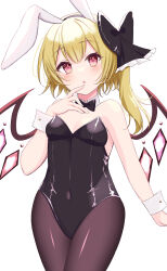 Rule 34 | 1girl, alternate costume, animal ears, bare shoulders, bat wings, black bow, black leotard, black pantyhose, blonde hair, blush, bow, breasts, collar, commentary, covered navel, cowboy shot, crystal, curvy, expressionless, fake animal ears, finger to mouth, flandre scarlet, hair between eyes, hair bow, head tilt, highres, index finger raised, kamachi (kamati0maru), leotard, long hair, looking at viewer, open mouth, pantyhose, playboy bunny, rabbit ears, red eyes, sailor collar, shiny clothes, side ponytail, simple background, small breasts, solo, straight-on, touhou, white background, white collar, white sailor collar, wings