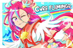 Rule 34 | aqua hair, character name, commentary, cure flamingo, dark skin, earrings, feather earrings, feathers, fingerless gloves, gloves, grin, hair ornament, hitopm, jewelry, long hair, looking at viewer, magical girl, midriff, multicolored hair, one eye closed, pointing, precure, purple eyes, rainbow, red hair, sleeveless, smile, takizawa asuka, tropical-rouge! precure, two-tone hair, upper body, very long hair, white gloves