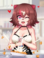 Rule 34 | 1girl, :d, absurdres, animal ears, bandaid, bandaid on face, bandaid on nose, bare arms, bare shoulders, black shorts, blue eyes, blurry, blurry background, blush, breasts, brown hair, camisole, cleavage, collarbone, colored tips, fang, food, food on body, food on breasts, food on face, food on hair, heart, high-waist shorts, highres, kitchen, large breasts, mayonnaise, mayonnaise bottle, messy, multicolored eyes, multicolored hair, one eye closed, open mouth, owozu, raccoon ears, raccoon girl, rakkun sutaru, red eyes, red hair, sexually suggestive, short hair, shorts, skin fang, slash-ex, smile, snack, splashing, squeezing, streaked hair, suggestive fluid, two-tone hair, upper body, virtual youtuber, white camisole