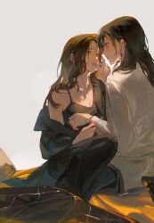 Rule 34 | 2girls, absurdres, black camisole, black jacket, black pants, blush, brown eyes, brown hair, camisole, chaser game w, chinese commentary, closed mouth, commentary request, earrings, eye contact, grey background, harumoto itsuki, hayashi fuyu, highres, jacket, jewelry, licking, licking finger, long hair, long sleeves, looking at another, multiple girls, necklace, off shoulder, pants, shirt, simple background, tongue, tongue out, white shirt, yoohu6, yuri