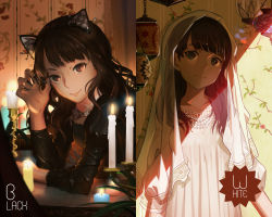 Rule 34 | 1girl, animal ears, black nails, brown eyes, brown hair, candle, candlestand, cat ears, closed mouth, collarbone, dress, dual persona, english text, fingernails, frown, head tilt, highres, jewelry, long fingernails, long hair, long sleeves, looking at viewer, lu&quot;, mimori suzuko, nail polish, necklace, pearl necklace, plant, real life, reflection, shade, smile, solo, veil, wallpaper (object), wavy hair, white dress