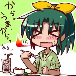 Rule 34 | &gt; &lt;, 10s, 1girl, :d, > <, blouse, bowl, closed eyes, drink, drinking straw, eating, fire, food, glass, green background, green shirt, ikkyuu, md5 mismatch, midorikawa nao, open mouth, plate, precure, shirt, short sleeves, simple background, smile, smile precure!, solo, spoon, table, translation request, two-tone background, upper body, white background, xd