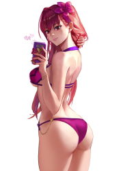 Rule 34 | 1girl, ass, back, bikini, breasts, cellphone, fate/grand order, fate (series), flower, gold, ha2go, hair flower, hair intakes, hair ornament, hair over shoulder, tucking hair, halterneck, heart, hibiscus, highres, large breasts, long hair, looking at phone, looking back, nail polish, parted lips, phone, purple bikini, purple hair, red eyes, scathach (fate), scathach (fate/grand order), scathach (swimsuit assassin) (fate), selfie, side-tie bikini bottom, simple background, smartphone, smile, solo, swimsuit, very long hair, white background