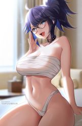 Rule 34 | 1girl, :d, absurdres, ahoge, artist name, bandages, bed, black choker, black hair, blue eyes, blue hair, blurry, blurry background, breasts, chest sarashi, choker, commentary, curtains, glasses, hand up, highres, indoors, kson, large breasts, looking at viewer, mole, mole under eye, multicolored hair, navel, on bed, open mouth, paid reward available, panties, patreon username, ponytail, purple hair, sarashi, short hair, sidelocks, sitting, smile, solo, souchou, streaked hair, thighs, tissue box, tofuubear, underwear, underwear only, virtual youtuber, vshojo, white panties, window