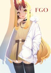 Rule 34 | 1girl, absurdres, bad id, bad pixiv id, black thighhighs, blonde hair, breasts, commentary request, copyright name, facial mark, fang, fate/grand order, fate (series), fur trim, highres, horns, ibaraki douji (fate), jacket, jewelry, long hair, looking at viewer, necklace, oni, oni horns, pointy ears, small breasts, solo, tattoo, thighhighs, topu, white jacket, yellow eyes