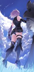 Rule 34 | 1girl, absurdres, arm behind back, armor, armored boots, armored dress, ass, bare shoulders, black leotard, boots, breasts, day, dress, elbow gloves, fate/grand order, fate (series), from behind, from below, full body, gloves, high heel boots, high heels, highres, holding, holding shield, incredibly absurdres, leotard, lord camelot (fate), mash kyrielight, medium breasts, medium hair, outdoors, purple hair, shield, sleeveless, sleeveless dress, small breasts, solo, thigh boots, thighs, upskirt, yanagi marie