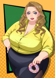 Rule 34 | 1girl, agnes joubert, akina bbw, alternate body size, black skirt, breasts, brown hair, cleavage, cropped legs, doughnut, eyeliner, eyeshadow, fat, food, green eyes, hair intakes, hand on own hip, highres, huge breasts, large breasts, lipstick, long hair, looking at viewer, makeup, mole, mole under mouth, muffin top, open mouth, pencil, red lips, shirt, simple background, skirt, solo, standing, tiger &amp; bunny, yellow shirt