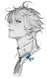 Rule 34 | 1boy, ahoge, alphinaud leveilleur, blue eyes, earrings, elezen, elf, final fantasy, final fantasy xiv, hair between eyes, hair tie, highres, jewelry, looking at viewer, male focus, monochrome, nokhong y, pointy ears, short hair with long locks, single earring, solo, spot color, upper body, white background, white hair