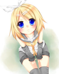 Rule 34 | 1girl, bad id, bad pixiv id, blonde hair, blue eyes, blush, detached sleeves, from above, hair ornament, hair ribbon, hairclip, highres, kagamine rin, looking up, ribbon, solo, thighhighs, umxzo, vocaloid, zettai ryouiki