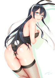 Rule 34 | 10s, 1girl, alternate costume, animal ears, aqua eyes, ass, black hair, black leotard, blush, breasts, cowboy shot, earrings, fake animal ears, fishnet thighhighs, fishnets, from behind, glasses, hair between eyes, highres, jewelry, kantai collection, large breasts, leaning forward, leotard, long hair, looking at viewer, off shoulder, ooyodo (kancolle), playboy bunny, rabbit ears, rabbit tail, sakiryo kanna, solo, standing, standing on one leg, tail, thighhighs, thighs, twitter username