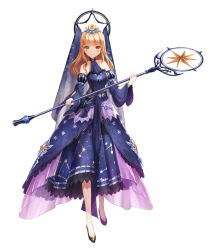 Rule 34 | 1girl, bare shoulders, blue bow, blue dress, bow, brown eyes, brown hair, constellation print, dress, dress bow, fantasy, full body, headpiece, holding, long hair, long skirt, long sleeves, lunacle, original, simple background, skirt, solo, staff, standing, white background