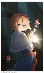 Rule 34 | 1girl, absurdres, alice margatroid, bad id, bad pixiv id, blonde hair, blue dress, blue eyes, blush, book, bookshelf, border, capelet, closed mouth, dress, hair between eyes, hairband, highres, holding, holding lantern, huangyou, lantern, lolita hairband, looking at viewer, looking back, red hairband, shanghai doll, short hair, solo, touhou, white border, white capelet