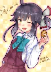 Rule 34 | 1girl, absurdres, ahoge, artist name, bow, bowtie, character name, checkered background, commentary request, cookie, cowboy shot, dated, dress, food, grey hair, hair ribbon, hayanami (kancolle), highres, himura moritaka, kantai collection, long sleeves, looking at viewer, one eye closed, pleated dress, ponytail, purple dress, ribbon, school uniform, shirt, short hair, sidelocks, solo, white ribbon, white shirt, yellow background, yellow eyes