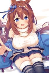 Rule 34 | 1girl, animal ears, blue eyes, blush, breasts, brown hair, hair between eyes, horse ears, horse girl, horse tail, large breasts, long hair, omuretsu, open mouth, ribbed sweater, smile, solo, super creek (umamusume), sweater, tail, turtleneck, turtleneck sweater, umamusume, white sweater