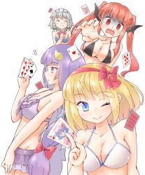 Rule 34 | 4girls, ;), @ @, ^ ^, ace (playing card), ace of hearts, ace of spades, alice margatroid, alternate hairstyle, arnest, bad id, bad twitter id, bandeau, bare arms, bare shoulders, bikini, bikini skirt, black bikini, blonde hair, blue bikini, blue bow, blue eyes, blue hair, blue skirt, blush, bow, braid, breasts, card, closed eyes, collarbone, commentary request, cowboy shot, crescent, crescent hair ornament, demon wings, dress, facing viewer, flandre scarlet, frilled bikini, frills, from side, green bow, groin, hair bow, hair ornament, hairband, halterneck, hand up, hat, hat ribbon, head wings, heart, holding, holding card, izayoi sakuya, koakuma, large breasts, long hair, looking at viewer, maid headdress, medium breasts, miniskirt, mob cap, multiple girls, no headwear, one eye closed, open mouth, patchouli knowledge, pink dress, pink headwear, playing card, profile, purple bikini, purple eyes, purple hair, reaching, reaching towards viewer, red bow, red eyes, red hair, red hairband, red ribbon, red vest, remilia scarlet, ribbon, shaded face, short hair, sidelocks, silver hair, simple background, skirt, smile, spade (shape), standing, stomach, strapless, strapless bikini, sweat, swimsuit, touhou, twin braids, twintails, upper body, very long hair, vest, white background, white bikini, wings