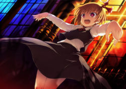 Rule 34 | 1girl, blonde hair, embodiment of scarlet devil, fang, female focus, hair ribbon, highres, kusakami akira, outstretched arms, red eyes, ribbon, rumia, short hair, solo, touhou