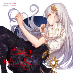 Rule 34 | 1girl, album cover, black pantyhose, black skirt, blunt bangs, clenched hand, commentary request, cover, dress, earrings, eyelashes, from side, grey hair, hair ornament, hairclip, highres, jewelry, long hair, lying, makai no juumin, on side, original, pantyhose, parted lips, profile, puffy short sleeves, puffy sleeves, shirt, short sleeves, sideways glance, skirt, skirt set, solo, stud earrings, teeth, white hair, white shirt, yellow eyes