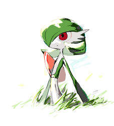 Rule 34 | 1girl, absurdres, bob cut, colored skin, creatures (company), female focus, flat chest, game freak, gardevoir, gen 3 pokemon, grass, green hair, green skin, hair over one eye, highres, looking afar, multicolored skin, nintendo, one eye covered, open mouth, pokemon, pokemon (creature), red eyes, short hair, simple background, solo, standing, tall grass, tem (tem konp10), two-tone skin, upper body, white background, white skin