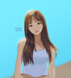 Rule 34 | 1girl, adirosa, artist name (singer), blue eyes, blue sky, brown hair, closed mouth, commentary, english commentary, gfriend, k-pop, long hair, looking at viewer, real life, red lips, shirt, sky, solo, song name, upper body, yuju (gfriend)